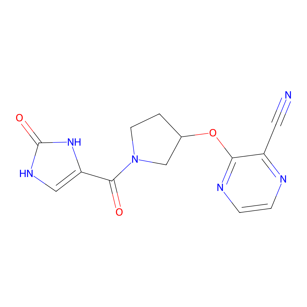 3-((1-(2-oxo-2,3-dihydro-1H-imidazole-4-carbonyl)pyrrolidin-3-yl)oxy)pyrazine-2-carbonitrile molecular structure, CAS 2034576-30-0