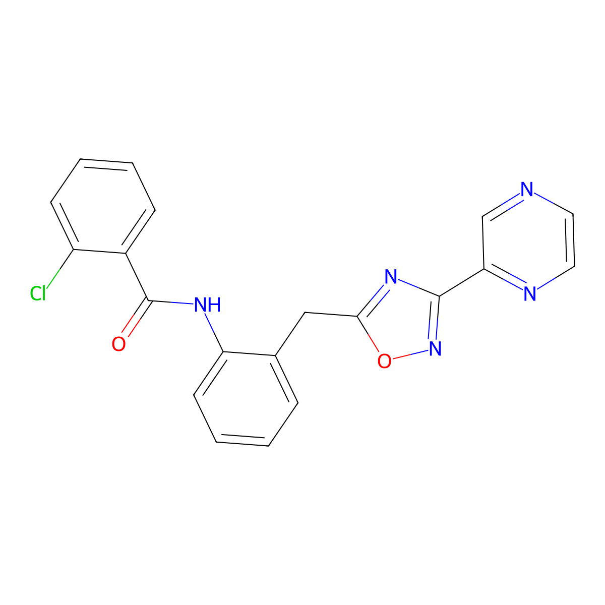2-chloro-N-(2-((3-(pyrazin-2-yl)-1,2,4-oxadiazol-5-yl)methyl)phenyl)benzamide molecular structure, CAS 2034576-33-3
