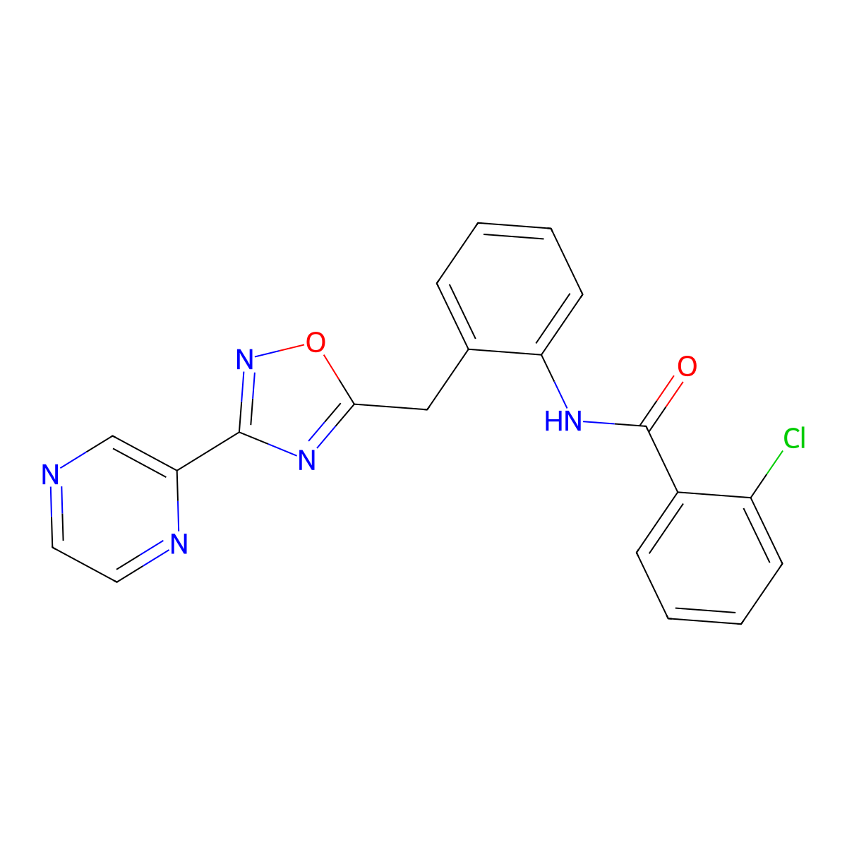 2-chloro-N-(2-((3-(pyrazin-2-yl)-1,2,4-oxadiazol-5-yl)methyl)phenyl)benzamide molecular structure, CAS 2034576-33-3