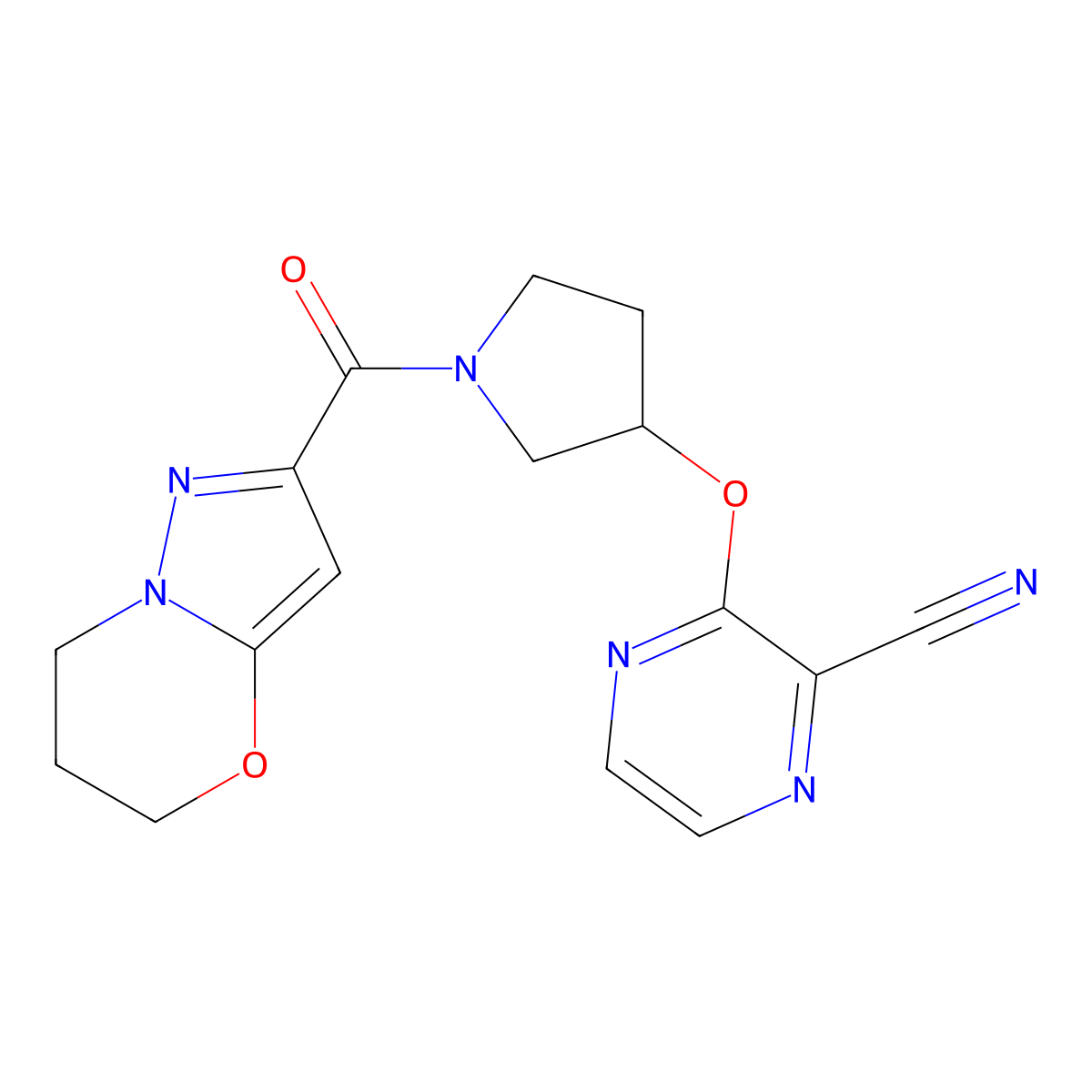 3-((1-(6,7-dihydro-5H-pyrazolo[5,1-b][1,3]oxazine-2-carbonyl)pyrrolidin-3-yl)oxy)pyrazine-2-carbonitrile molecular structure, CAS 2034576-34-4