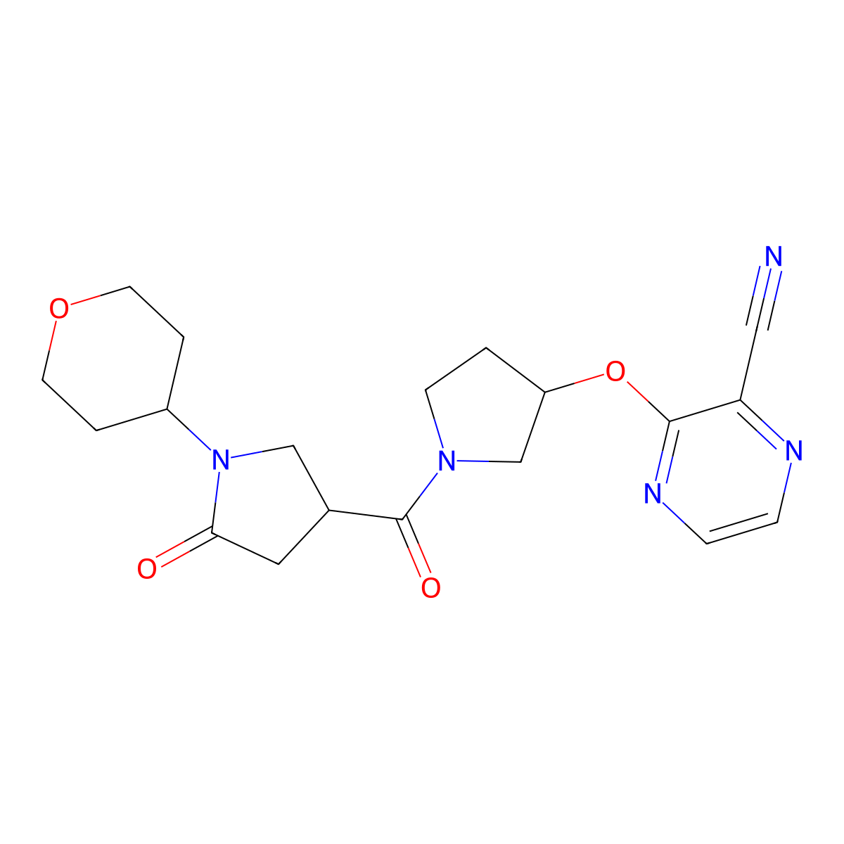 3-((1-(5-oxo-1-(tetrahydro-2H-pyran-4-yl)pyrrolidine-3-carbonyl)pyrrolidin-3-yl)oxy)pyrazine-2-carbonitrile molecular structure, CAS 2034576-41-3
