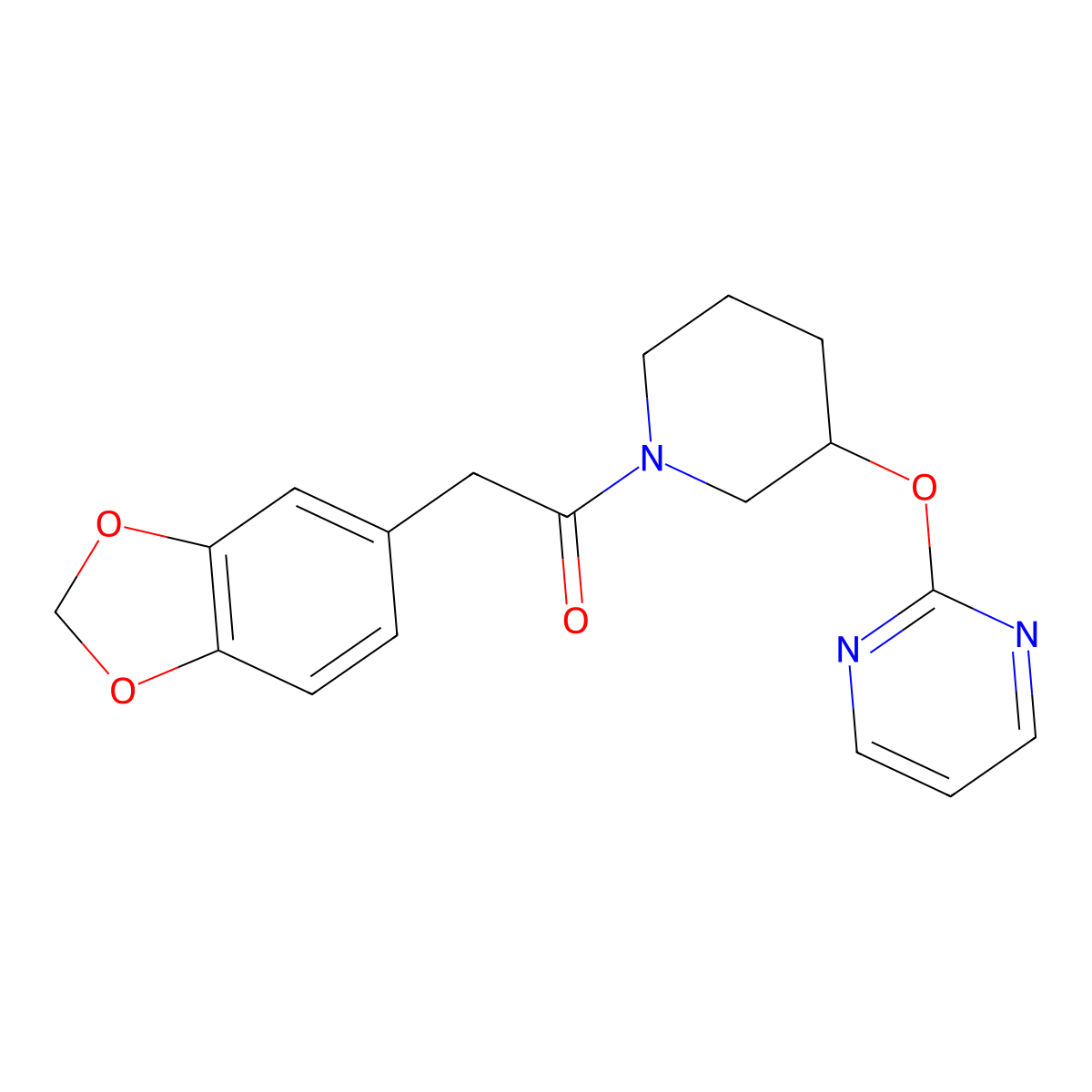 2-(Benzo[d][1,3]dioxol-5-yl)-1-(3-(pyrimidin-2-yloxy)piperidin-1-yl)ethanone molecular structure, CAS 2034576-42-4