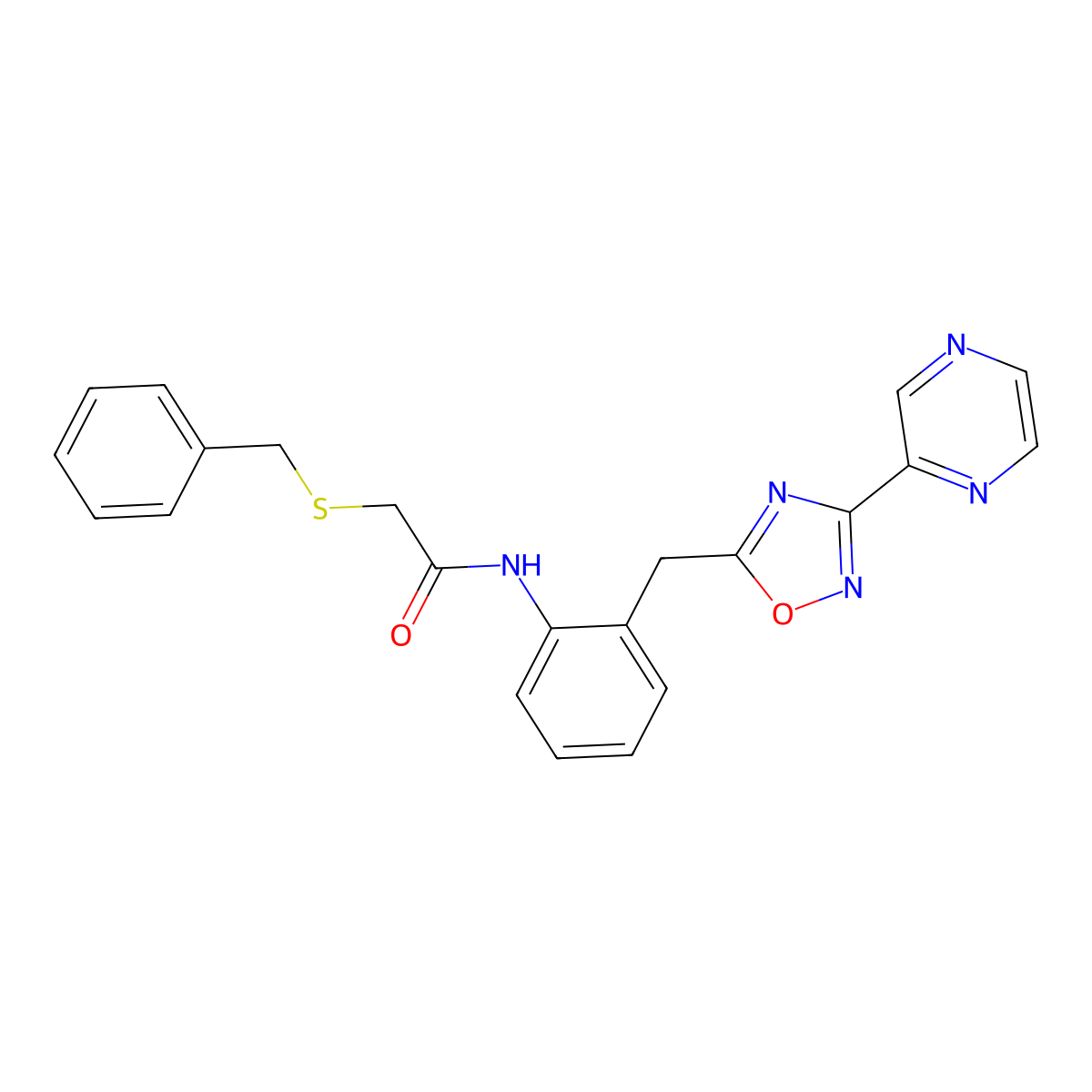 2-(benzylthio)-N-(2-((3-(pyrazin-2-yl)-1,2,4-oxadiazol-5-yl)methyl)phenyl)acetamide molecular structure, CAS 2034576-45-7