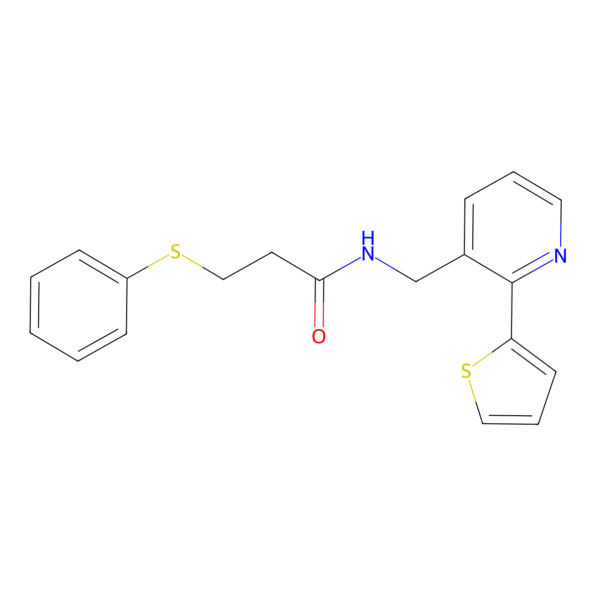 3-(phenylthio)-N-((2-(thiophen-2-yl)pyridin-3-yl)methyl)propanamide molecular structure, CAS 2034576-48-0