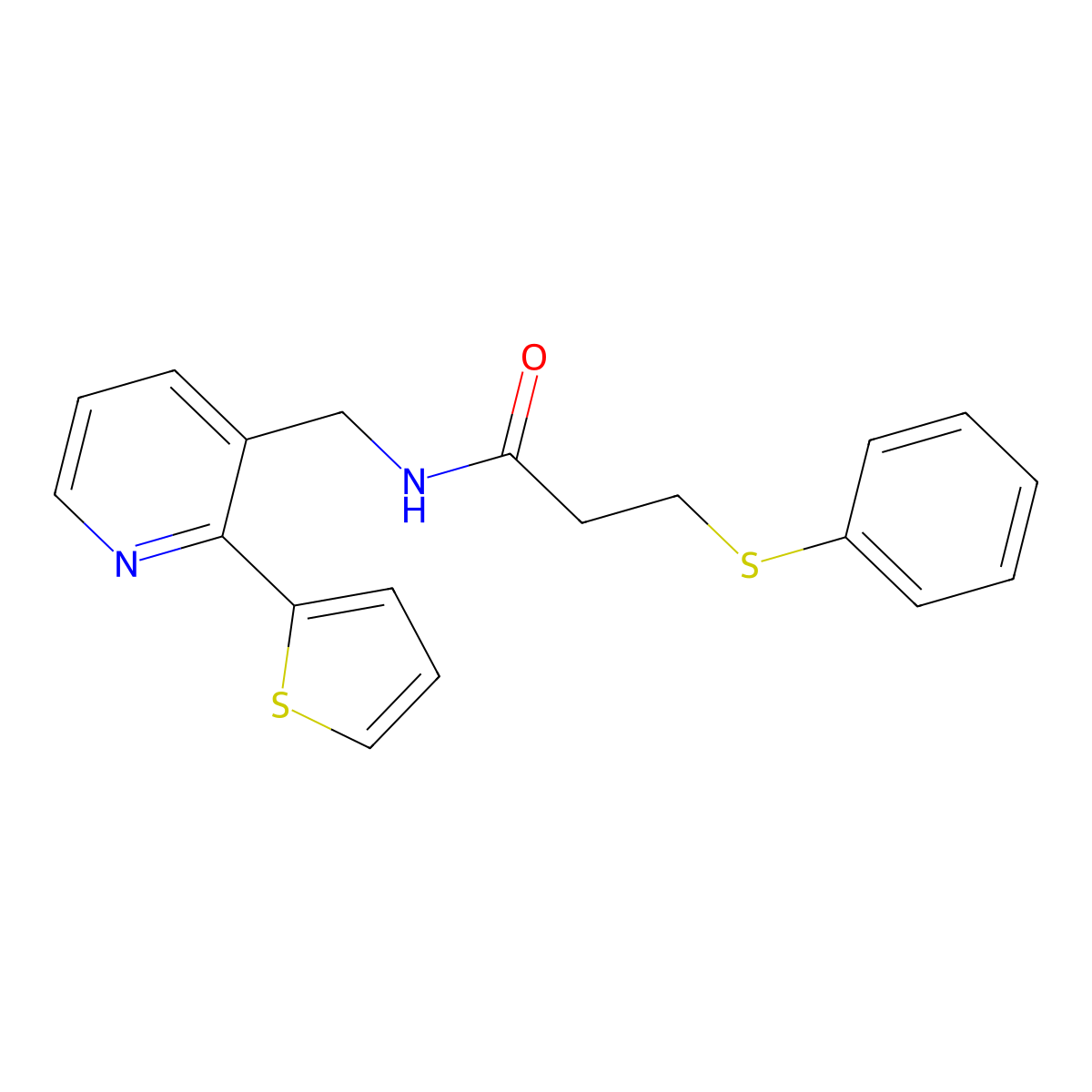 3-(phenylthio)-N-((2-(thiophen-2-yl)pyridin-3-yl)methyl)propanamide molecular structure, CAS 2034576-48-0