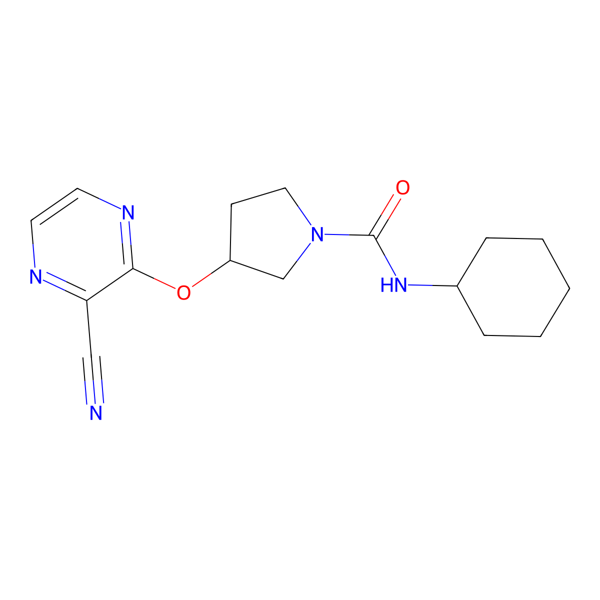 3-((3-cyanopyrazin-2-yl)oxy)-N-cyclohexylpyrrolidine-1-carboxamide molecular structure, CAS 2034576-49-1