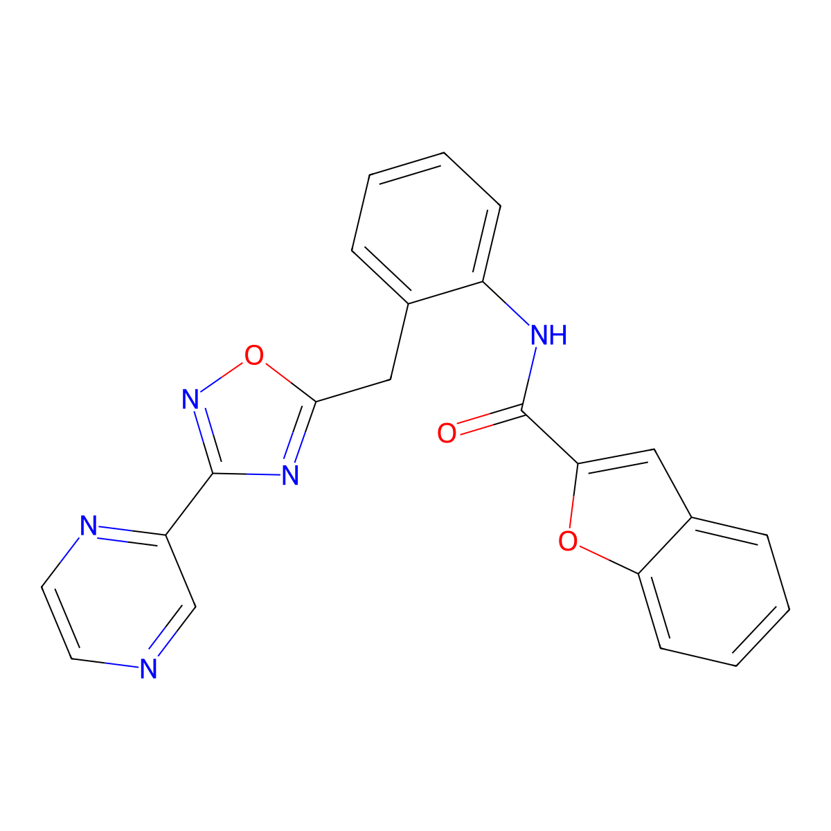 N-(2-((3-(pyrazin-2-yl)-1,2,4-oxadiazol-5-yl)methyl)phenyl)benzofuran-2-carboxamide molecular structure, CAS 2034576-50-4