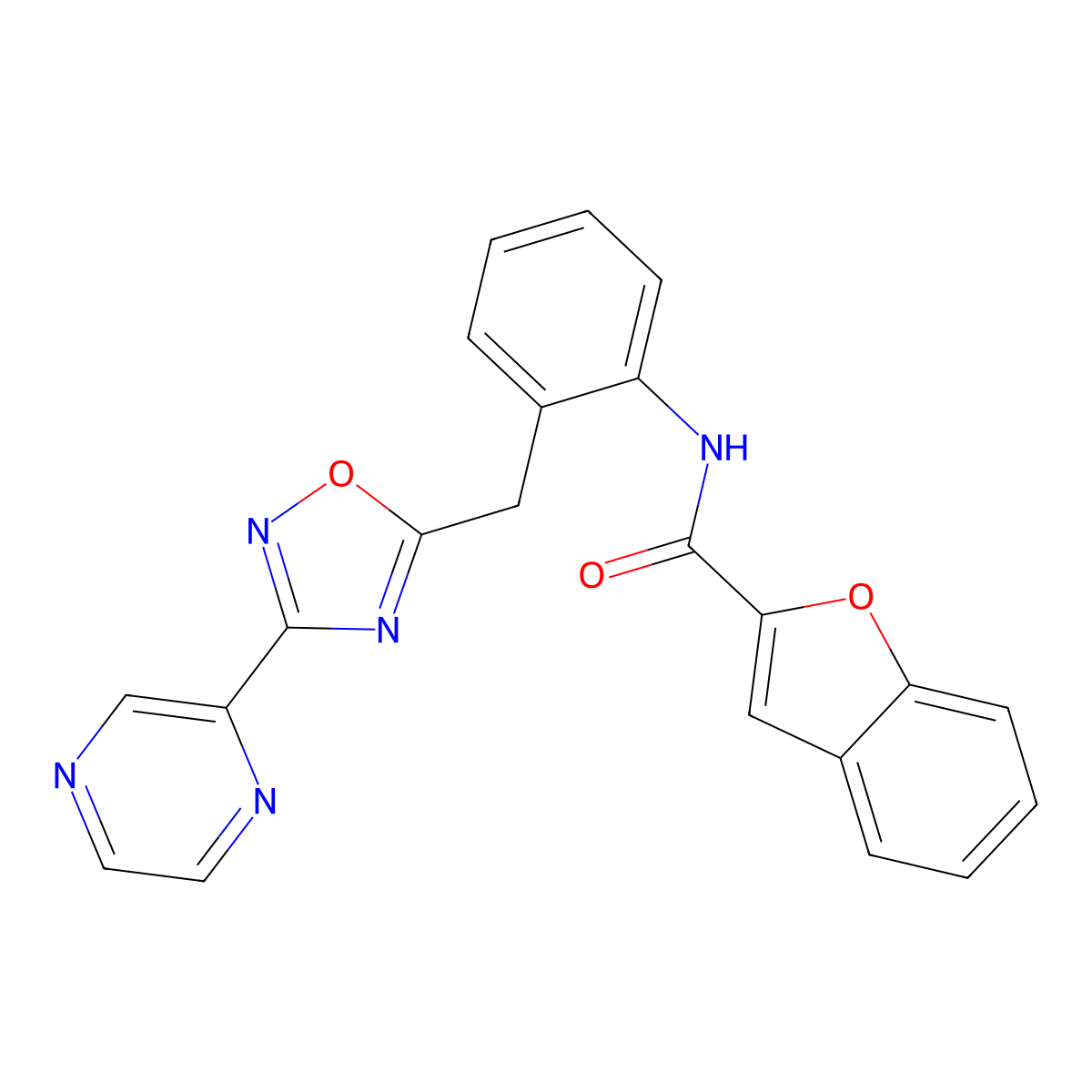 N-(2-((3-(pyrazin-2-yl)-1,2,4-oxadiazol-5-yl)methyl)phenyl)benzofuran-2-carboxamide molecular structure, CAS 2034576-50-4