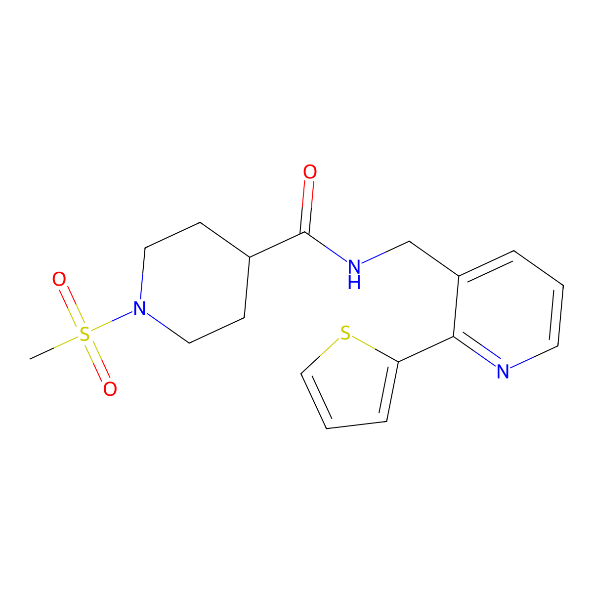 1-(methylsulfonyl)-N-((2-(thiophen-2-yl)pyridin-3-yl)methyl)piperidine-4-carboxamide molecular structure, CAS 2034576-58-2