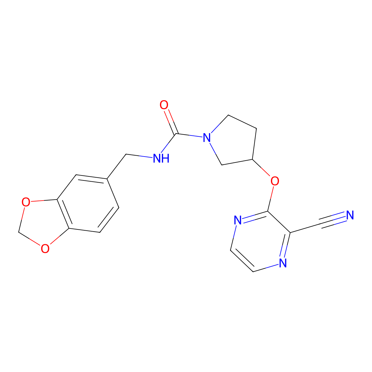 N-(benzo[d][1,3]dioxol-5-ylmethyl)-3-((3-cyanopyrazin-2-yl)oxy)pyrrolidine-1-carboxamide molecular structure, CAS 2034576-61-7