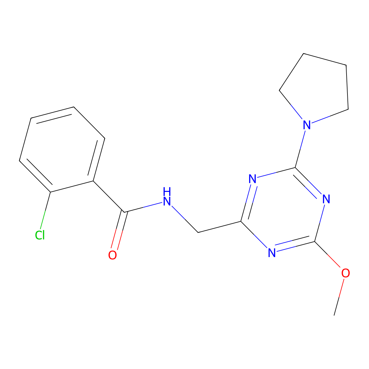 2-chloro-N-{[4-methoxy-6-(pyrrolidin-1-yl)-1,3,5-triazin-2-yl]methyl}benzamide molecular structure, CAS 2034576-71-9
