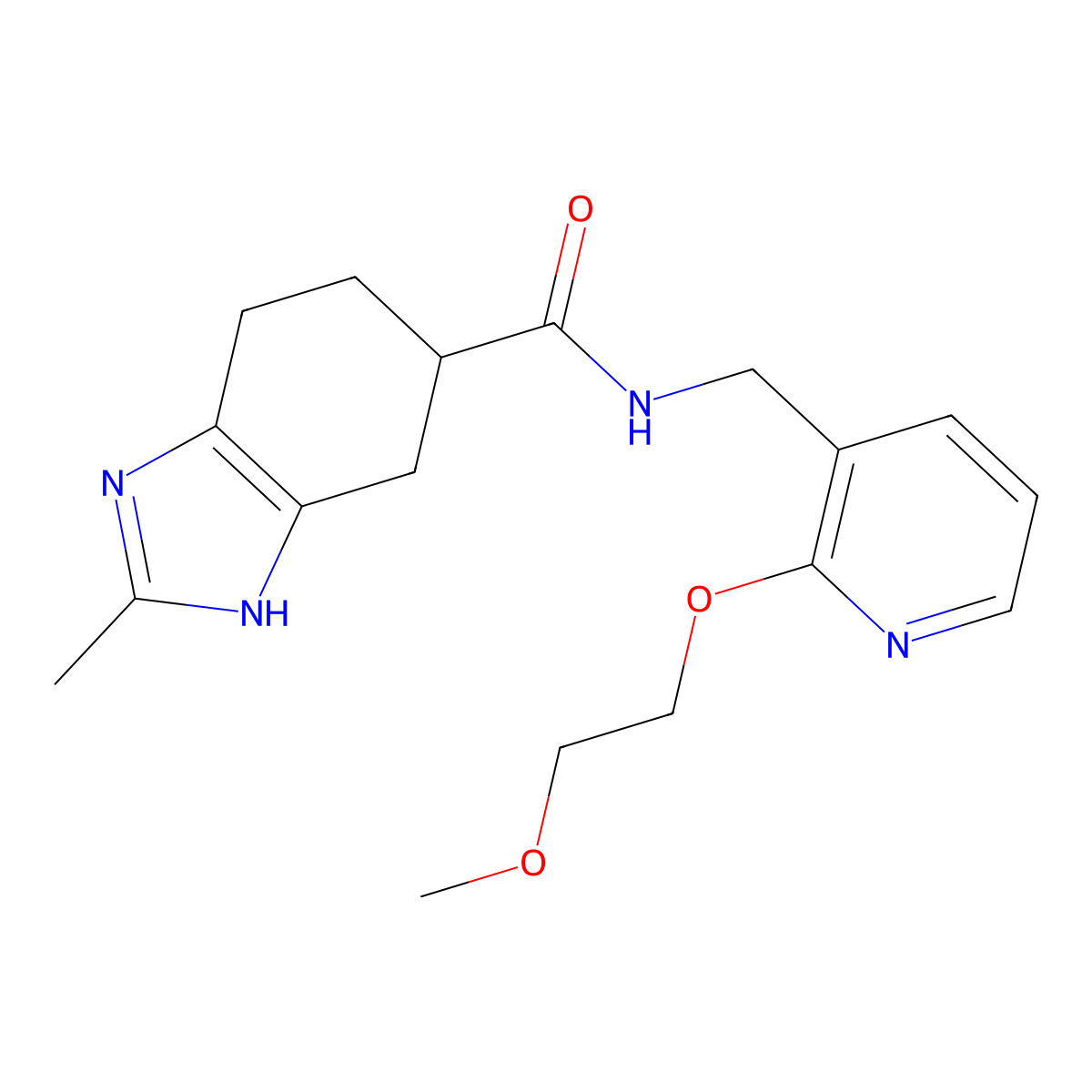 N-((2-(2-methoxyethoxy)pyridin-3-yl)methyl)-2-methyl-4,5,6,7-tetrahydro-1H-benzo[d]imidazole-5-carboxamide molecular structure, CAS 2034576-74-2