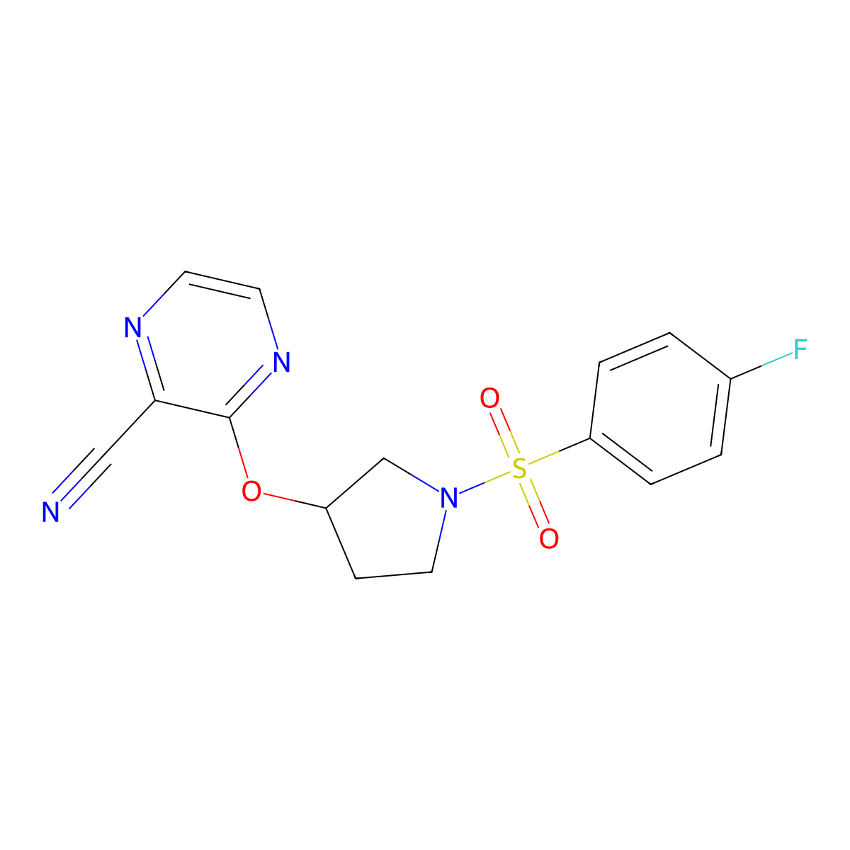 3-((1-((4-Fluorophenyl)sulfonyl)pyrrolidin-3-yl)oxy)pyrazine-2-carbonitrile molecular structure, CAS 2034576-77-5