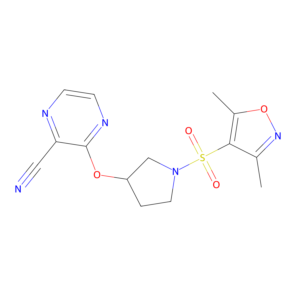 3-((1-((3,5-Dimethylisoxazol-4-yl)sulfonyl)pyrrolidin-3-yl)oxy)pyrazine-2-carbonitrile molecular structure, CAS 2034576-88-8