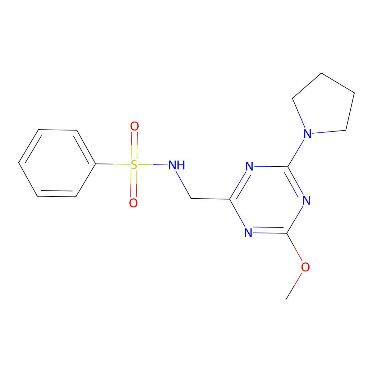 N-{[4-methoxy-6-(pyrrolidin-1-yl)-1,3,5-triazin-2-yl]methyl}benzenesulfonamide molecular structure, CAS 2034576-90-2