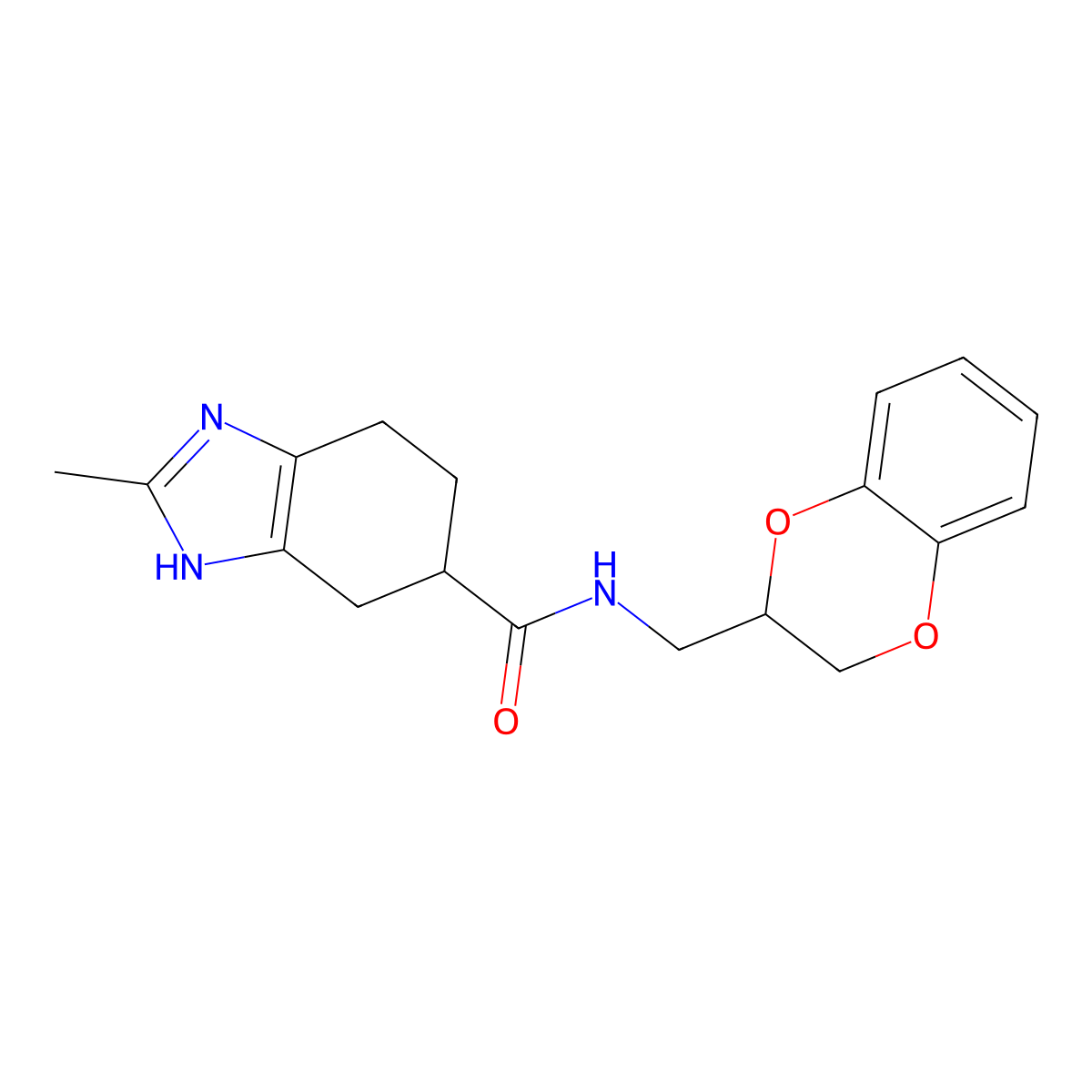 N-((2,3-dihydrobenzo[b][1,4]dioxin-2-yl)methyl)-2-methyl-4,5,6,7-tetrahydro-1H-benzo[d]imidazole-5-carboxamide molecular structure, CAS 2034576-91-3