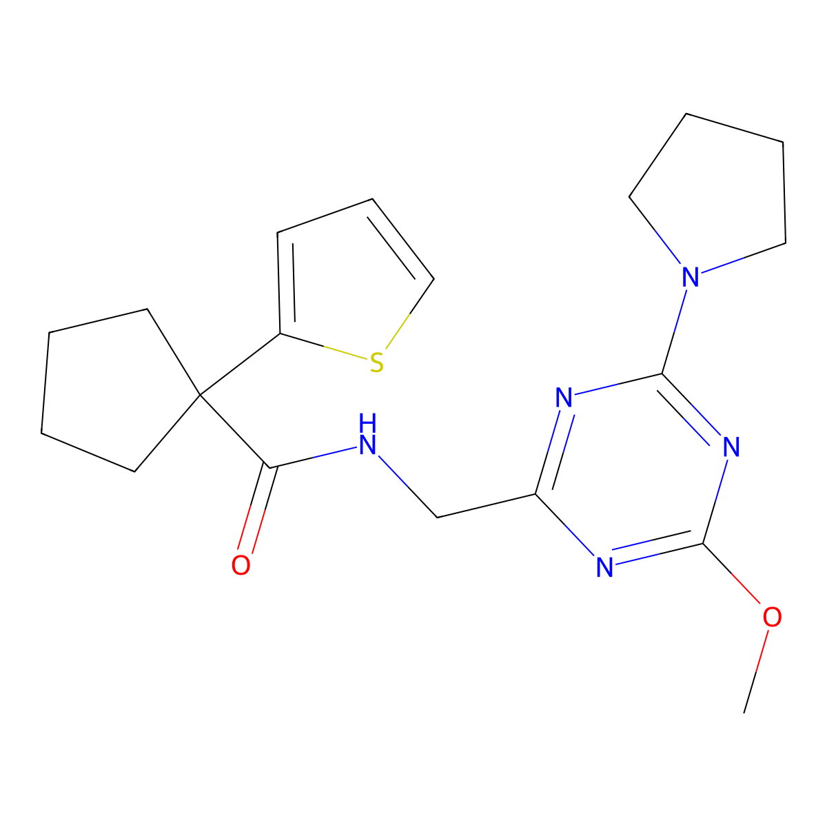 N-((4-methoxy-6-(pyrrolidin-1-yl)-1,3,5-triazin-2-yl)methyl)-1-(thiophen-2-yl)cyclopentanecarboxamide molecular structure, CAS 2034576-99-1