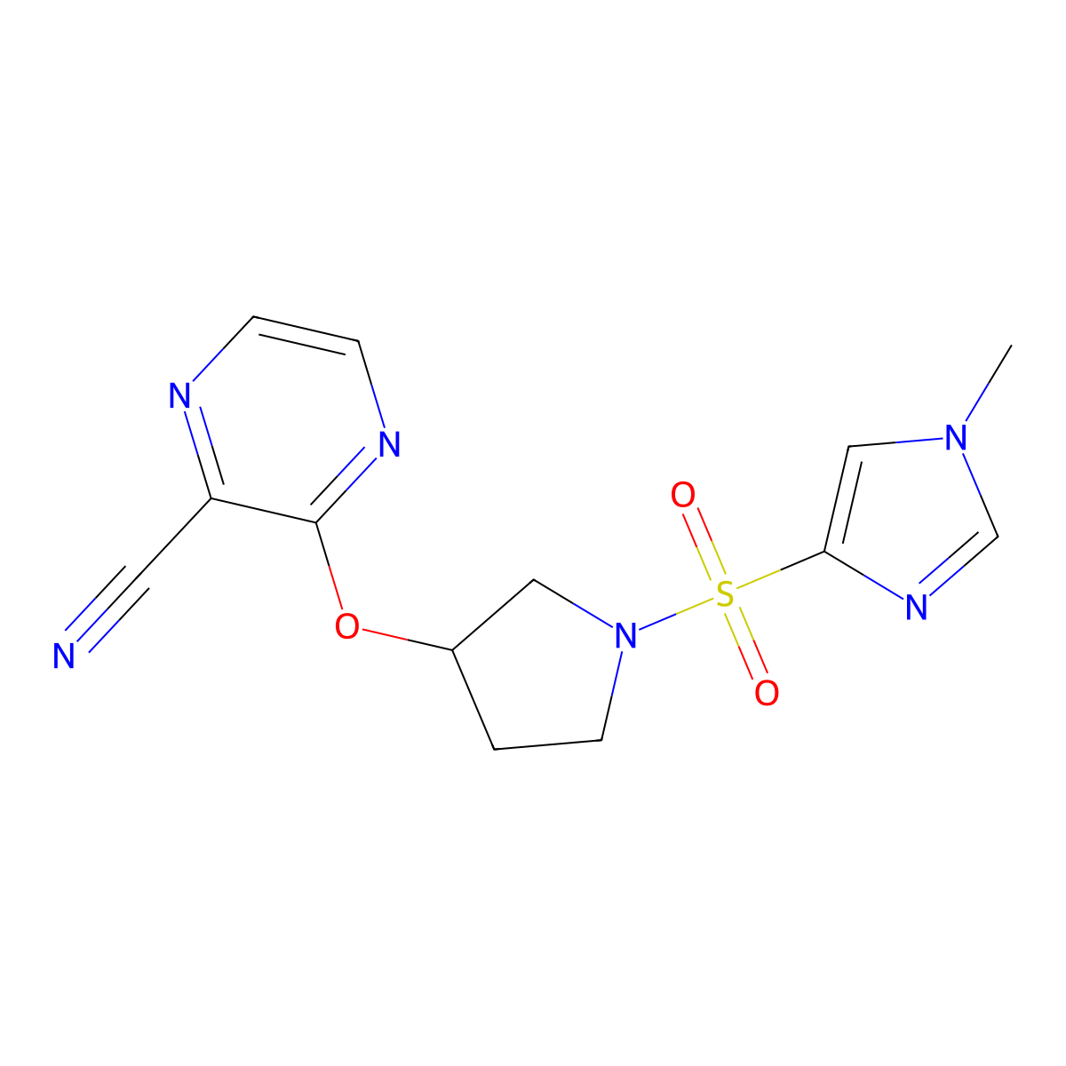 3-((1-((1-methyl-1H-imidazol-4-yl)sulfonyl)pyrrolidin-3-yl)oxy)pyrazine-2-carbonitrile molecular structure, CAS 2034577-01-8