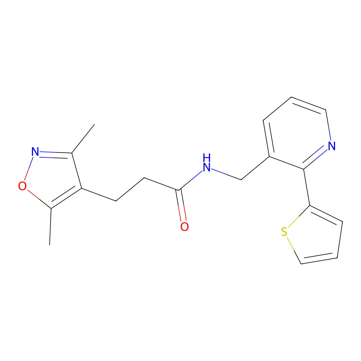3-(3,5-dimethylisoxazol-4-yl)-N-((2-(thiophen-2-yl)pyridin-3-yl)methyl)propanamide molecular structure, CAS 2034577-08-5