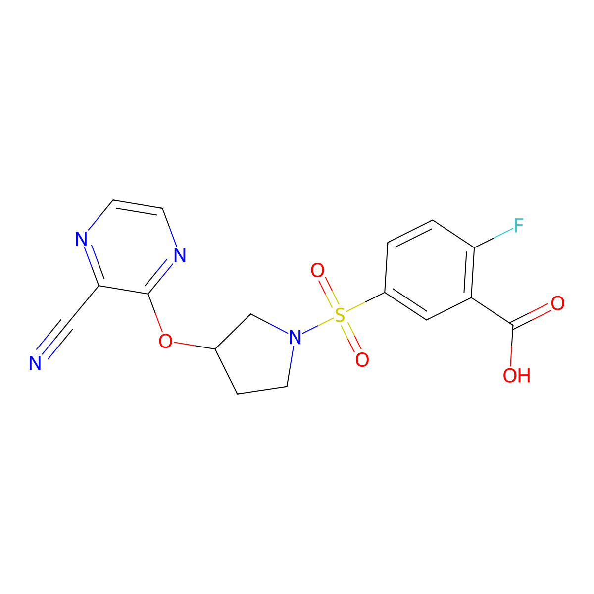 5-((3-((3-Cyanopyrazin-2-yl)oxy)pyrrolidin-1-yl)sulfonyl)-2-fluorobenzoic acid molecular structure, CAS 2034577-09-6