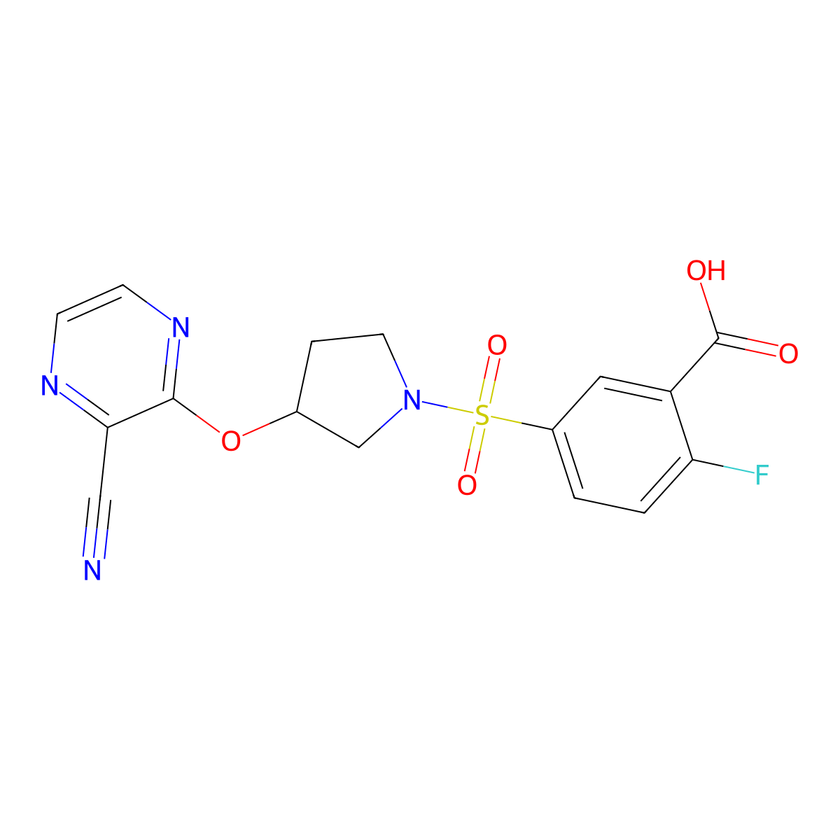 5-((3-((3-Cyanopyrazin-2-yl)oxy)pyrrolidin-1-yl)sulfonyl)-2-fluorobenzoic acid molecular structure, CAS 2034577-09-6