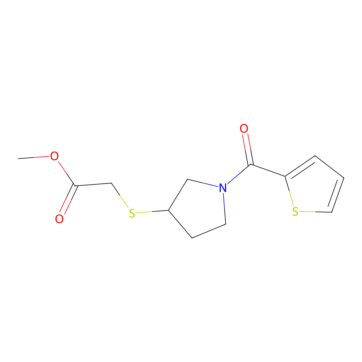 Methyl 2-((1-(thiophene-2-carbonyl)pyrrolidin-3-yl)thio)acetate molecular structure, CAS 2034577-15-4