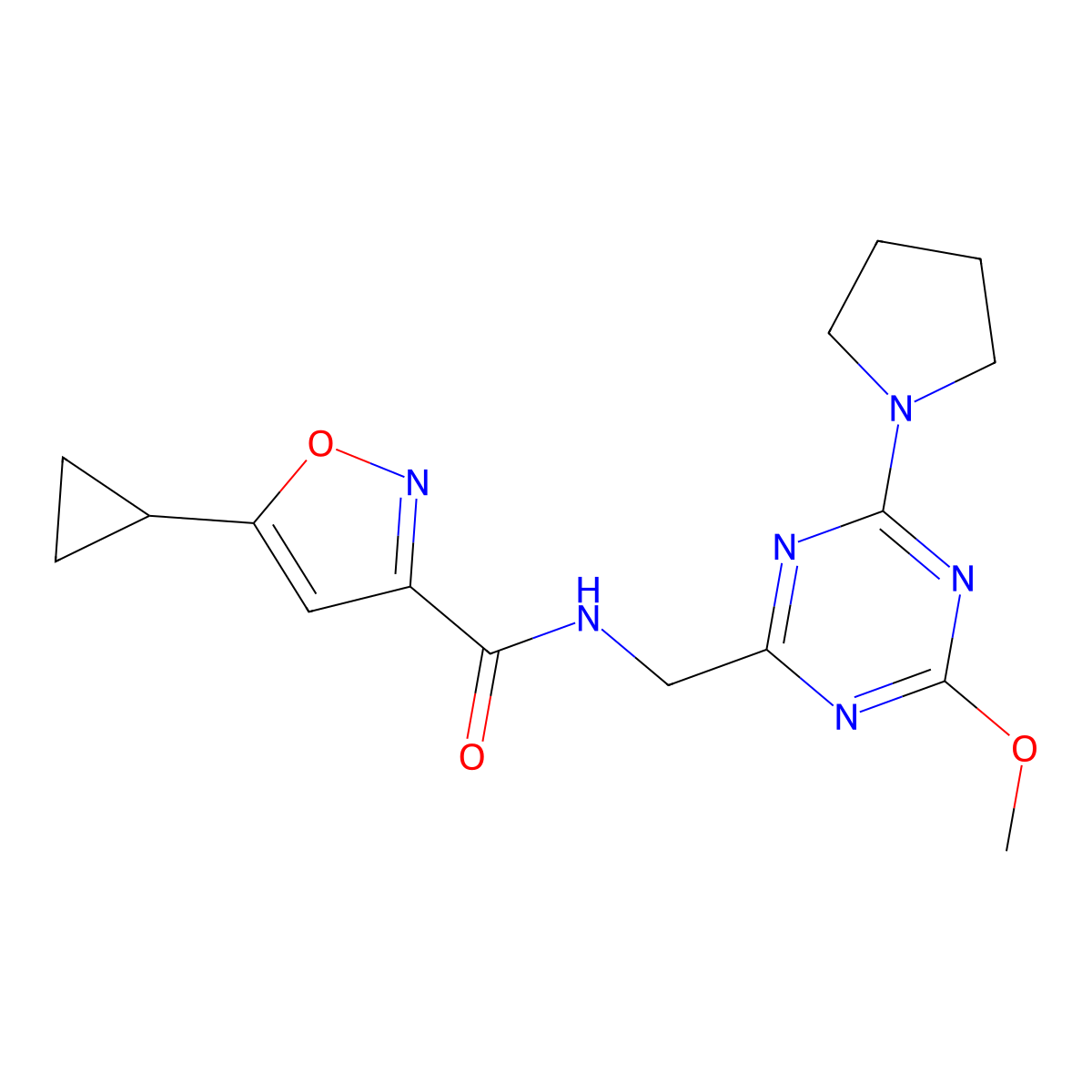 5-cyclopropyl-N-((4-methoxy-6-(pyrrolidin-1-yl)-1,3,5-triazin-2-yl)methyl)isoxazole-3-carboxamide molecular structure, CAS 2034577-19-8