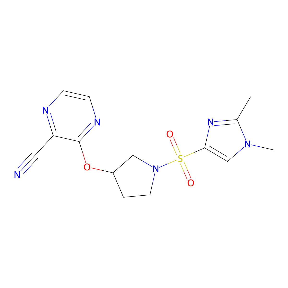 3-((1-((1,2-dimethyl-1H-imidazol-4-yl)sulfonyl)pyrrolidin-3-yl)oxy)pyrazine-2-carbonitrile molecular structure, CAS 2034577-20-1
