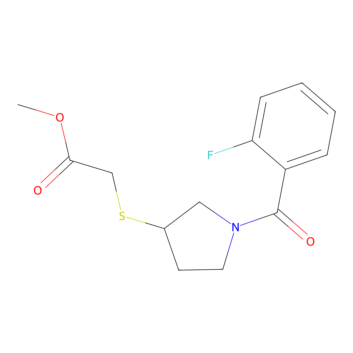 Methyl 2-((1-(2-fluorobenzoyl)pyrrolidin-3-yl)thio)acetate molecular structure, CAS 2034577-22-3