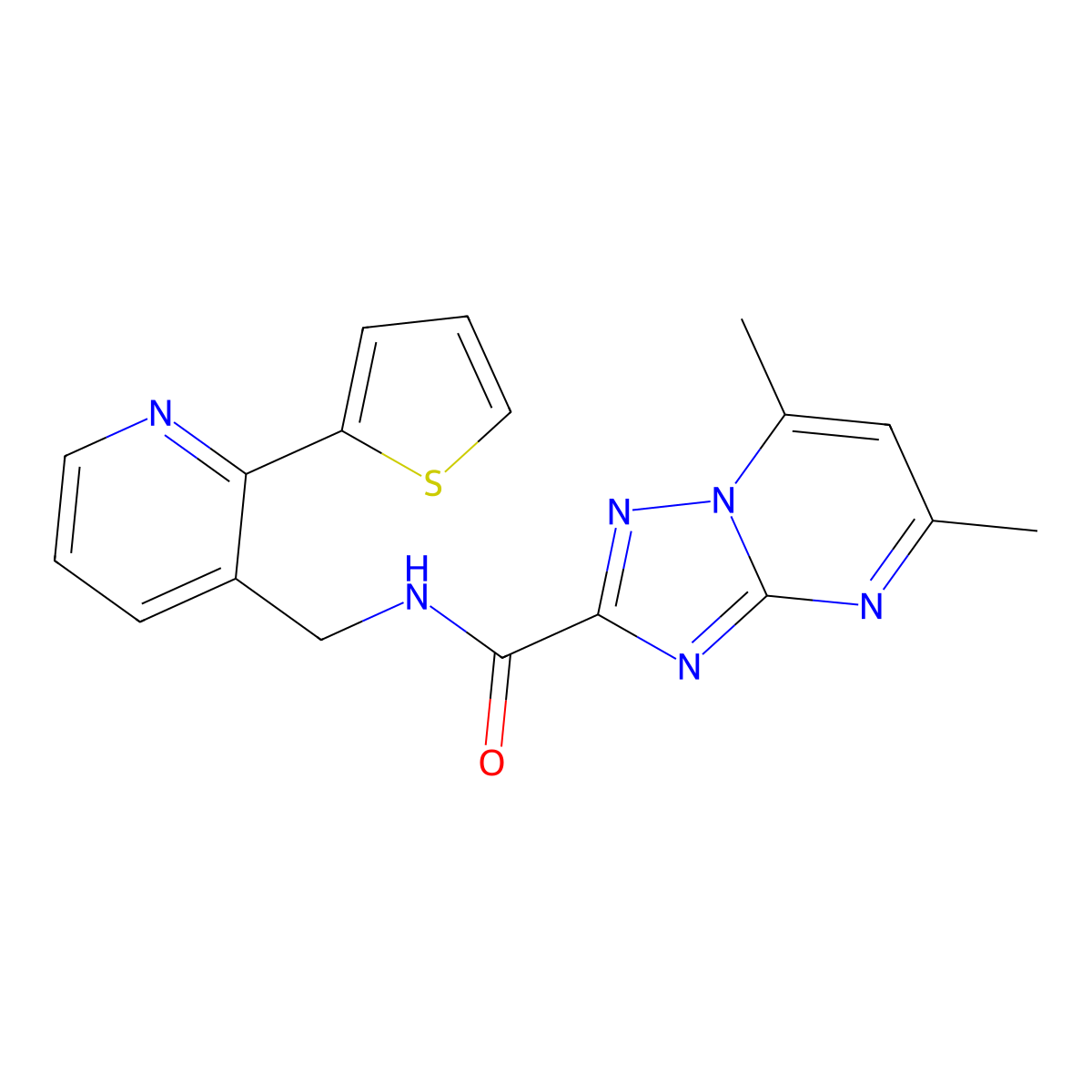 5,7-dimethyl-N-((2-(thiophen-2-yl)pyridin-3-yl)methyl)-[1,2,4]triazolo[1,5-a]pyrimidine-2-carboxamide molecular structure, CAS 2034577-33-6