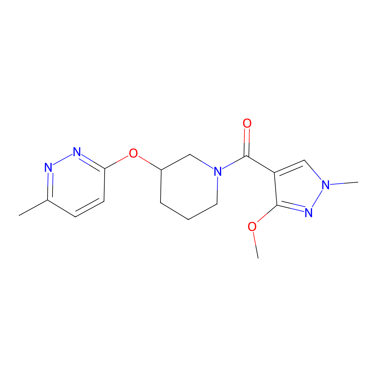 (3-methoxy-1-methyl-1H-pyrazol-4-yl)(3-((6-methylpyridazin-3-yl)oxy)piperidin-1-yl)methanone molecular structure, CAS 2034577-34-7