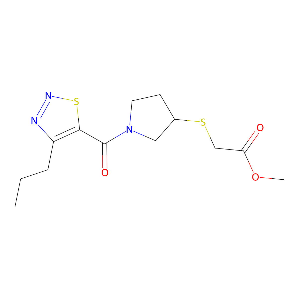 Methyl 2-((1-(4-propyl-1,2,3-thiadiazole-5-carbonyl)pyrrolidin-3-yl)thio)acetate molecular structure, CAS 2034577-37-0