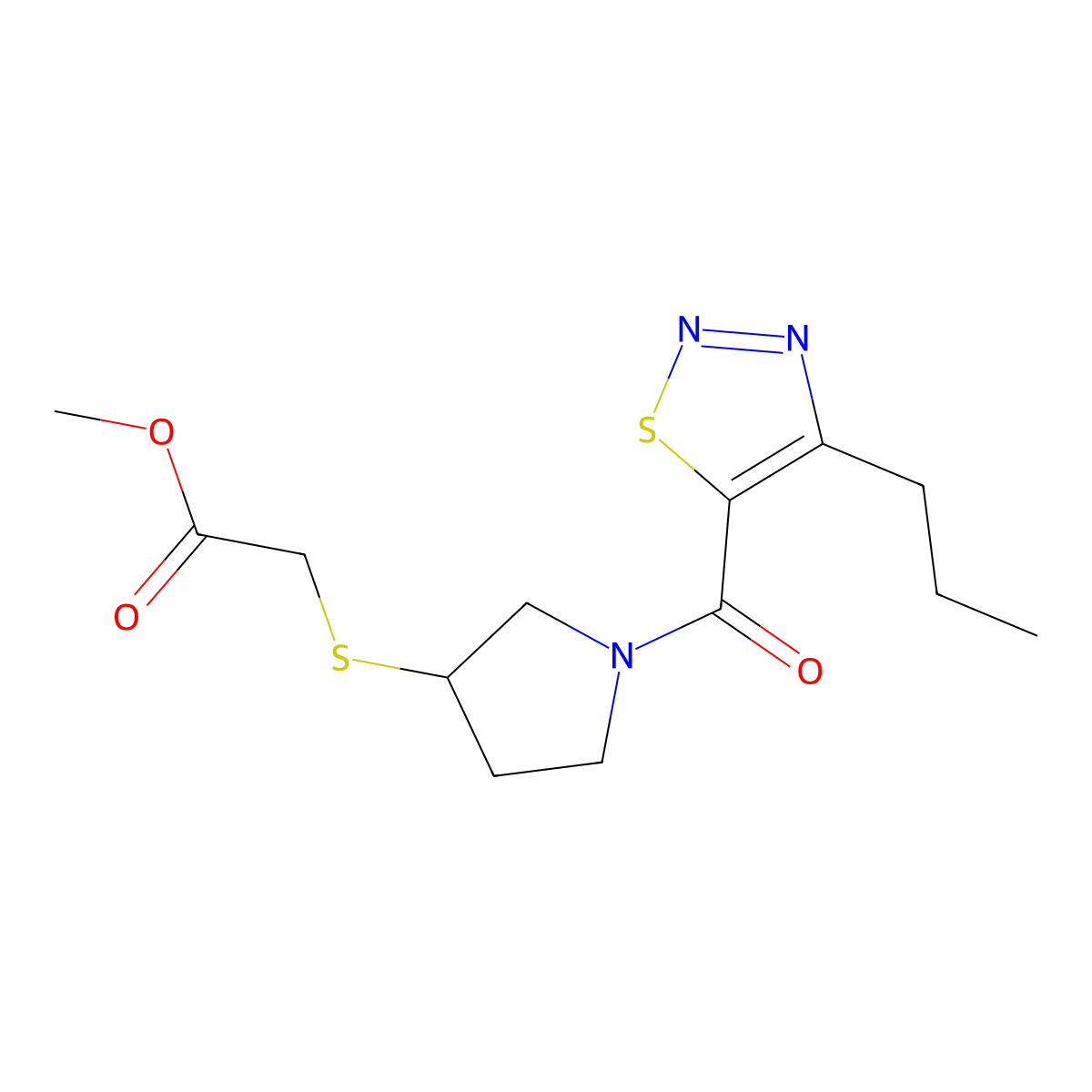 Methyl 2-((1-(4-propyl-1,2,3-thiadiazole-5-carbonyl)pyrrolidin-3-yl)thio)acetate molecular structure, CAS 2034577-37-0