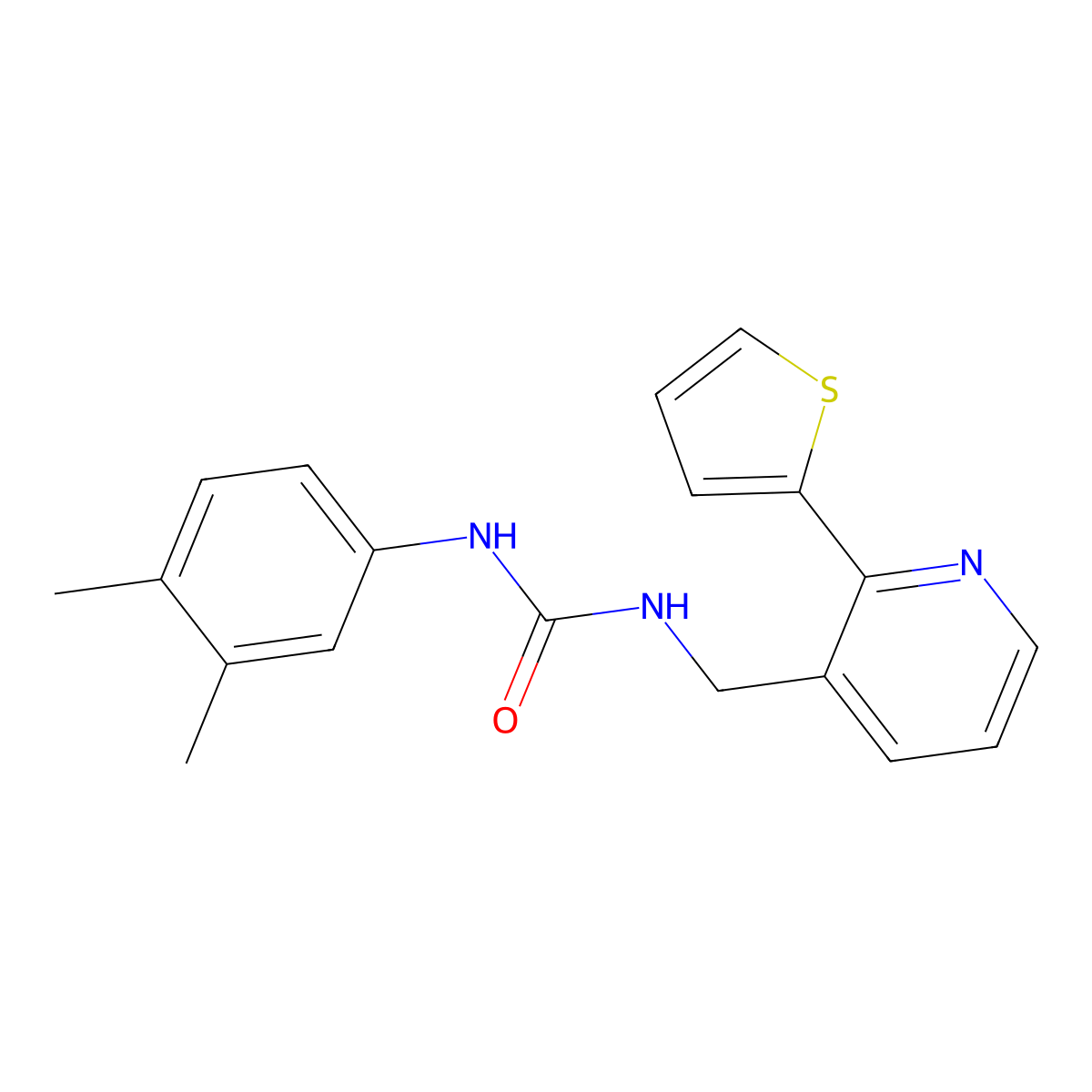 1-(3,4-Dimethylphenyl)-3-((2-(thiophen-2-yl)pyridin-3-yl)methyl)urea molecular structure, CAS 2034577-40-5