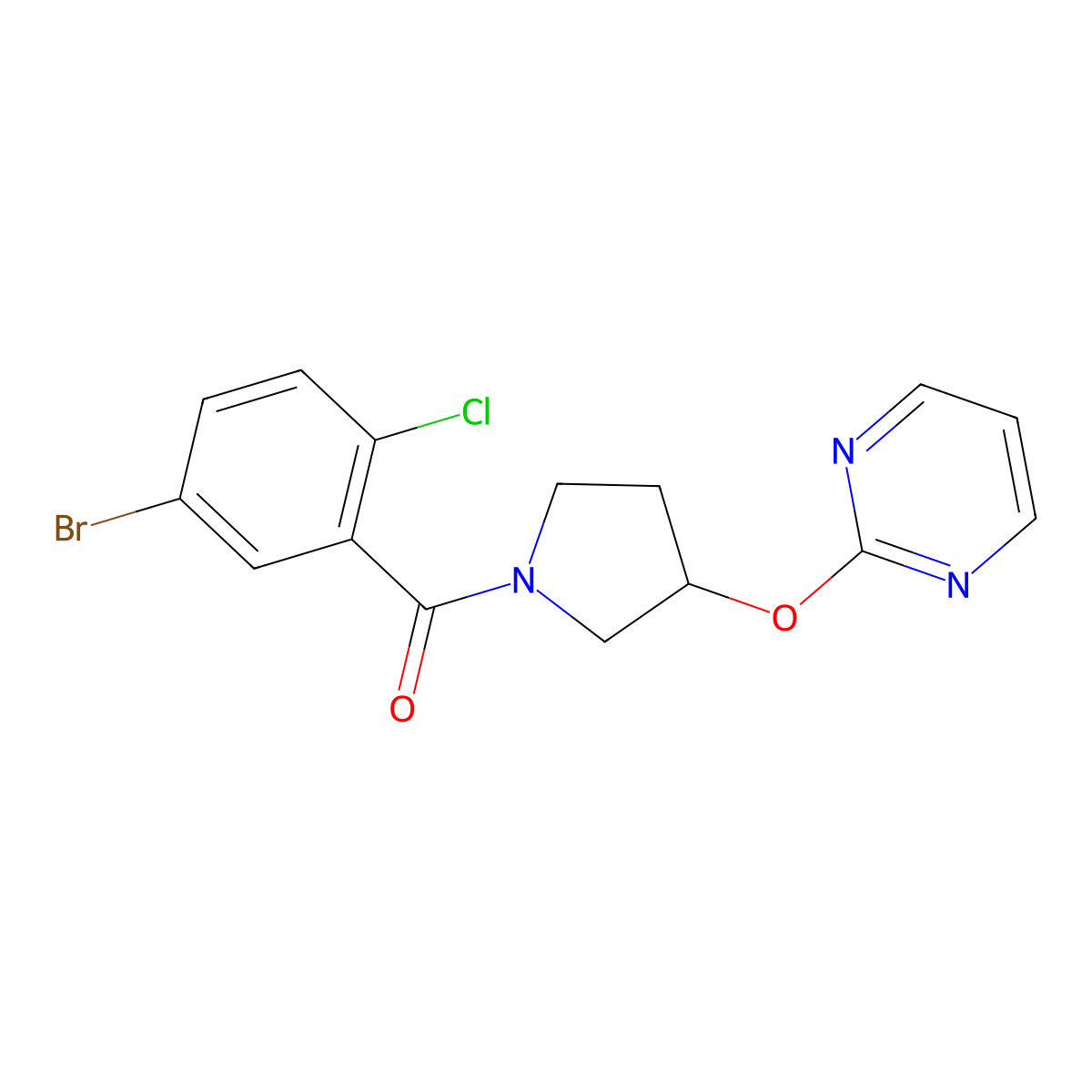 (5-Bromo-2-chlorophenyl)(3-(pyrimidin-2-yloxy)pyrrolidin-1-yl)methanone molecular structure, CAS 2034577-41-6
