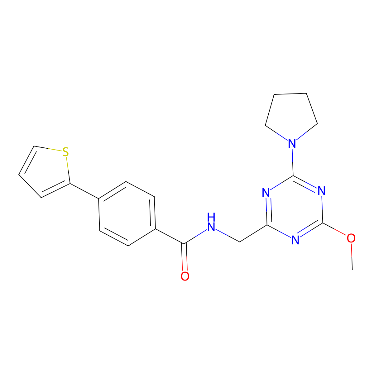 N-((4-methoxy-6-(pyrrolidin-1-yl)-1,3,5-triazin-2-yl)methyl)-4-(thiophen-2-yl)benzamide molecular structure, CAS 2034577-44-9
