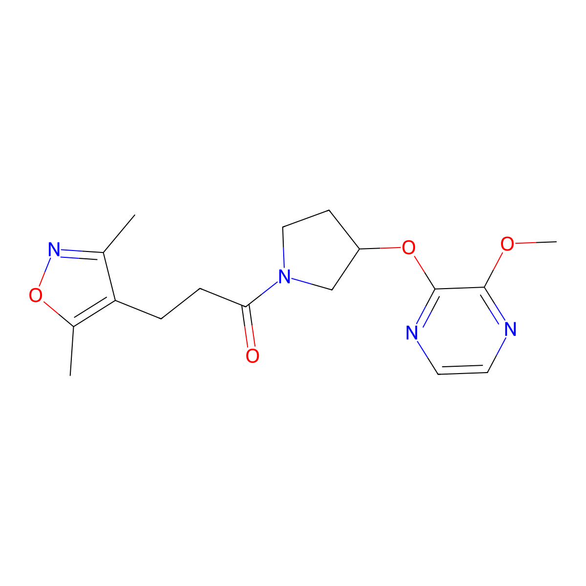 3-(3,5-Dimethylisoxazol-4-yl)-1-(3-((3-methoxypyrazin-2-yl)oxy)pyrrolidin-1-yl)propan-1-one molecular structure, CAS 2034577-45-0