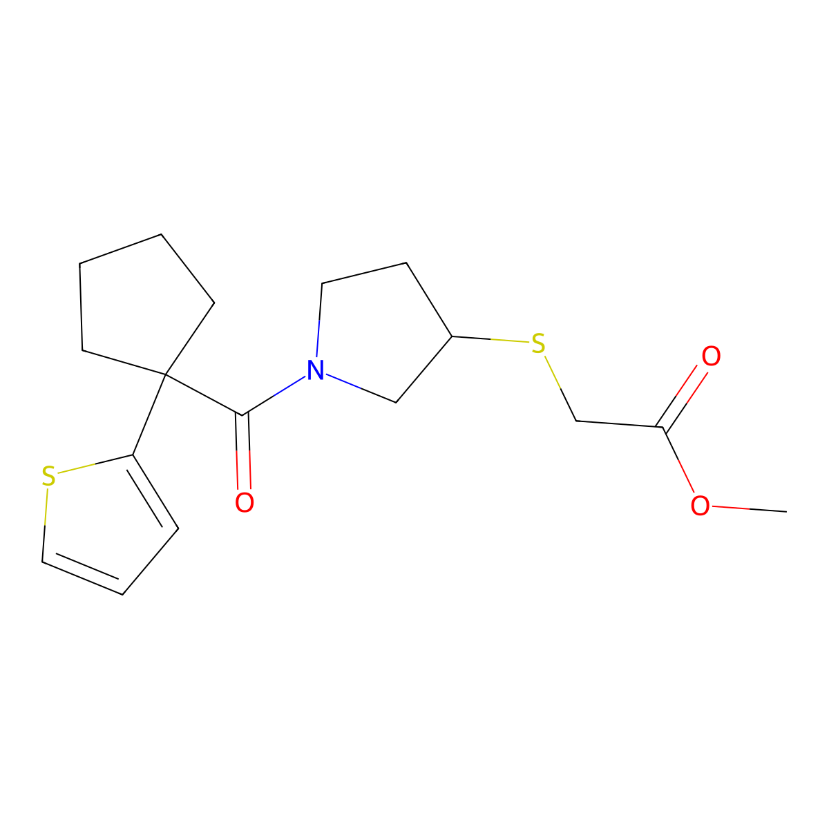 Methyl 2-((1-(1-(thiophen-2-yl)cyclopentanecarbonyl)pyrrolidin-3-yl)thio)acetate molecular structure, CAS 2034577-52-9