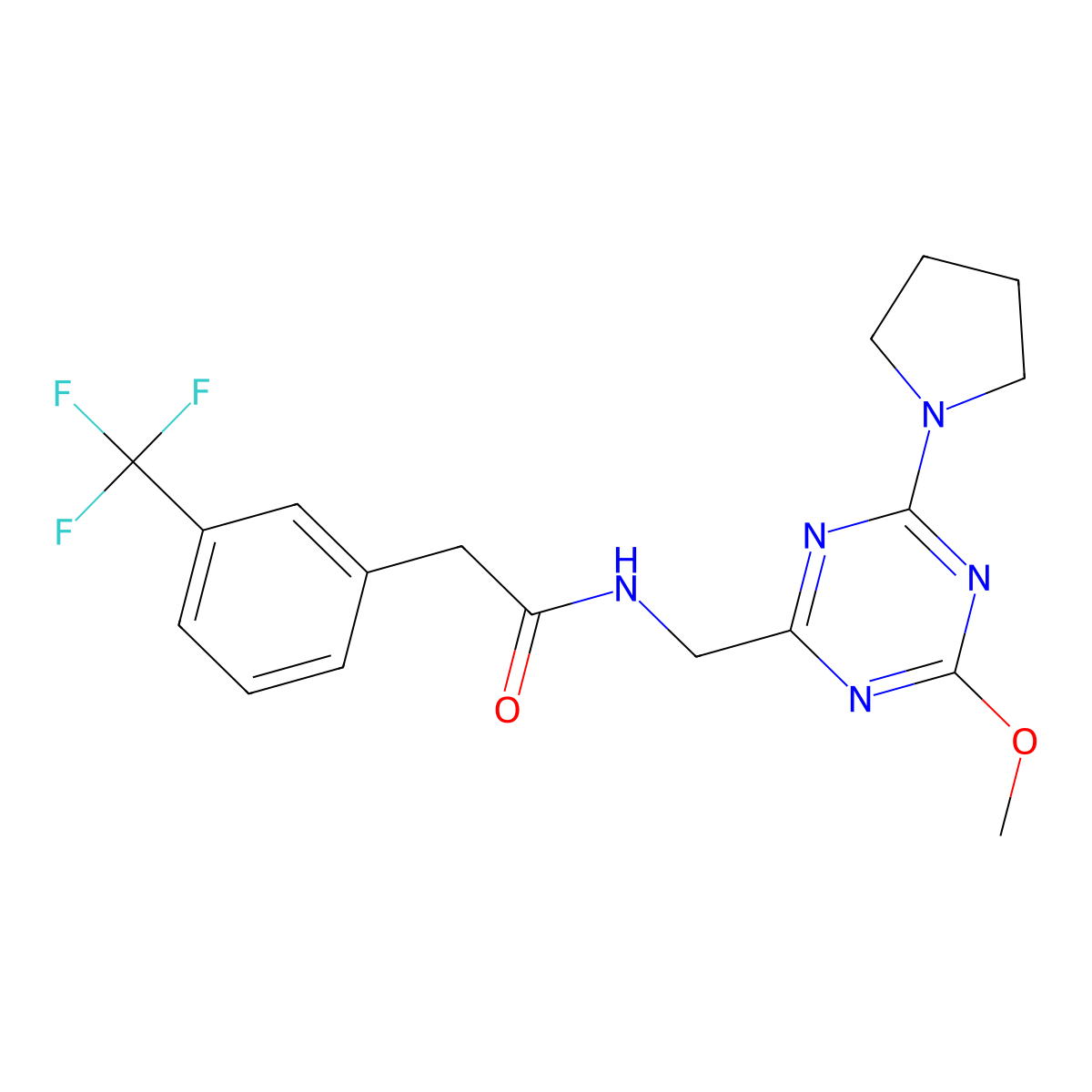 N-{[4-methoxy-6-(pyrrolidin-1-yl)-1,3,5-triazin-2-yl]methyl}-2-[3-(trifluoromethyl)phenyl]acetamide molecular structure, CAS 2034577-66-5