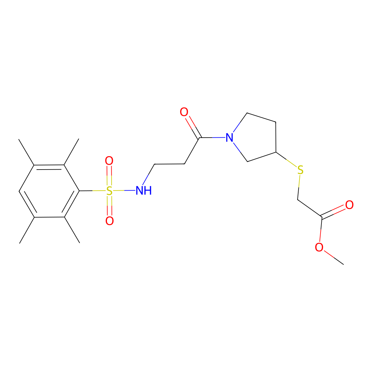 Methyl 2-((1-(3-(2,3,5,6-tetramethylphenylsulfonamido)propanoyl)pyrrolidin-3-yl)thio)acetate molecular structure, CAS 2034577-69-8