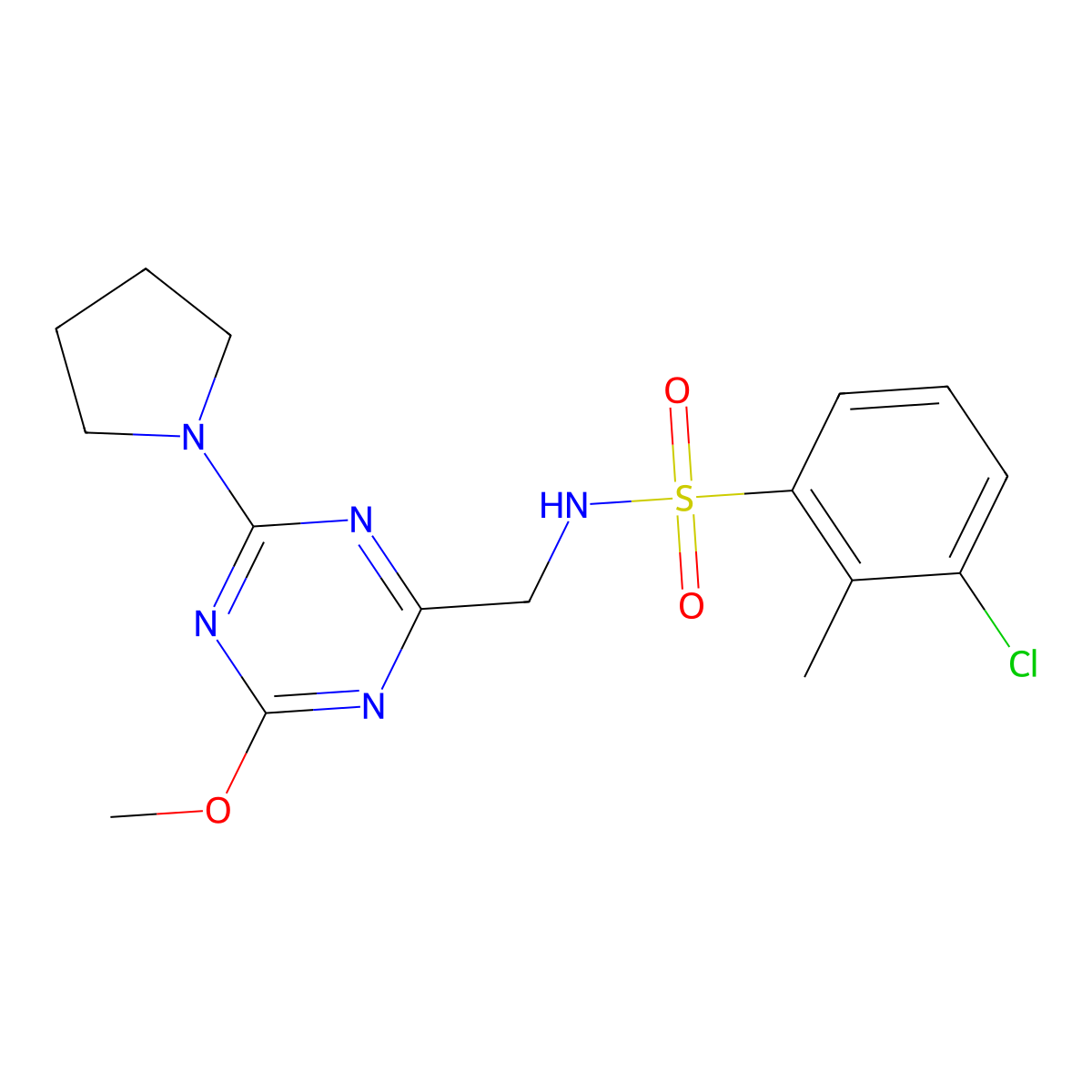 3-chloro-N-((4-methoxy-6-(pyrrolidin-1-yl)-1,3,5-triazin-2-yl)methyl)-2-methylbenzenesulfonamide molecular structure, CAS 2034577-72-3