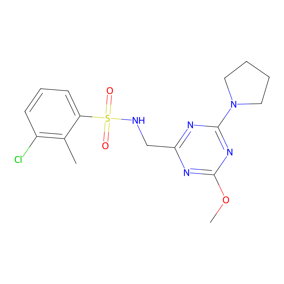 3-chloro-N-((4-methoxy-6-(pyrrolidin-1-yl)-1,3,5-triazin-2-yl)methyl)-2-methylbenzenesulfonamide molecular structure, CAS 2034577-72-3