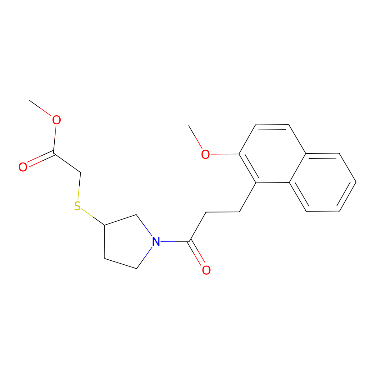 Methyl 2-((1-(3-(2-methoxynaphthalen-1-yl)propanoyl)pyrrolidin-3-yl)thio)acetate molecular structure, CAS 2034577-74-5