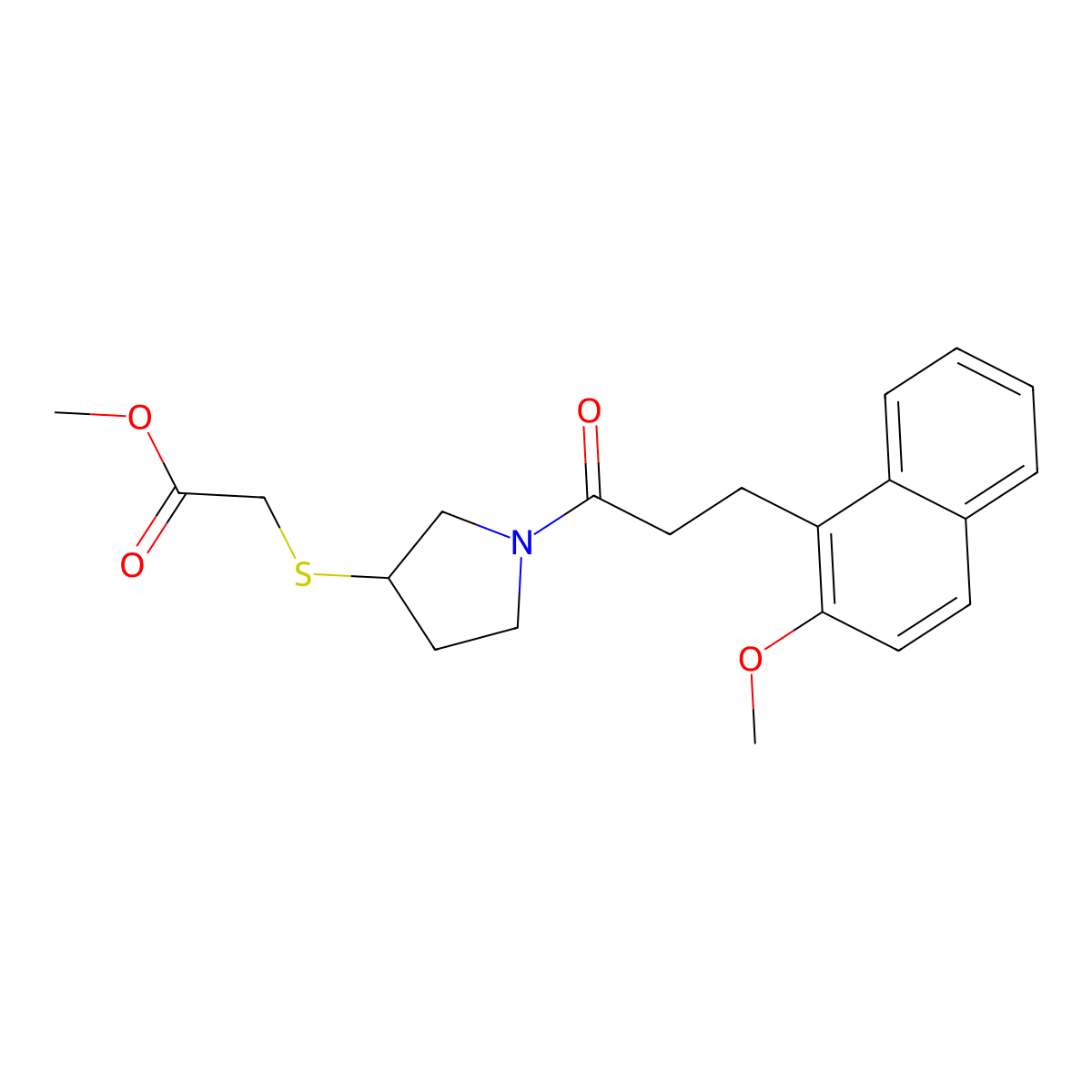 Methyl 2-((1-(3-(2-methoxynaphthalen-1-yl)propanoyl)pyrrolidin-3-yl)thio)acetate molecular structure, CAS 2034577-74-5