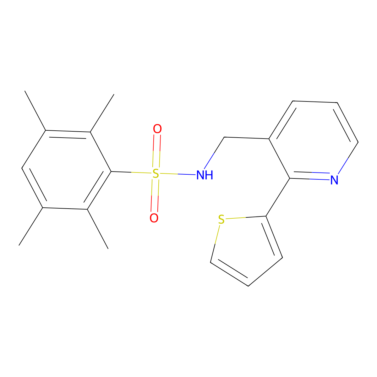 2,3,5,6-tetramethyl-N-((2-(thiophen-2-yl)pyridin-3-yl)methyl)benzenesulfonamide molecular structure, CAS 2034577-76-7