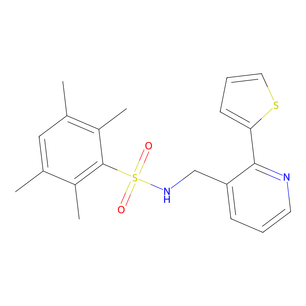 2,3,5,6-tetramethyl-N-((2-(thiophen-2-yl)pyridin-3-yl)methyl)benzenesulfonamide molecular structure, CAS 2034577-76-7