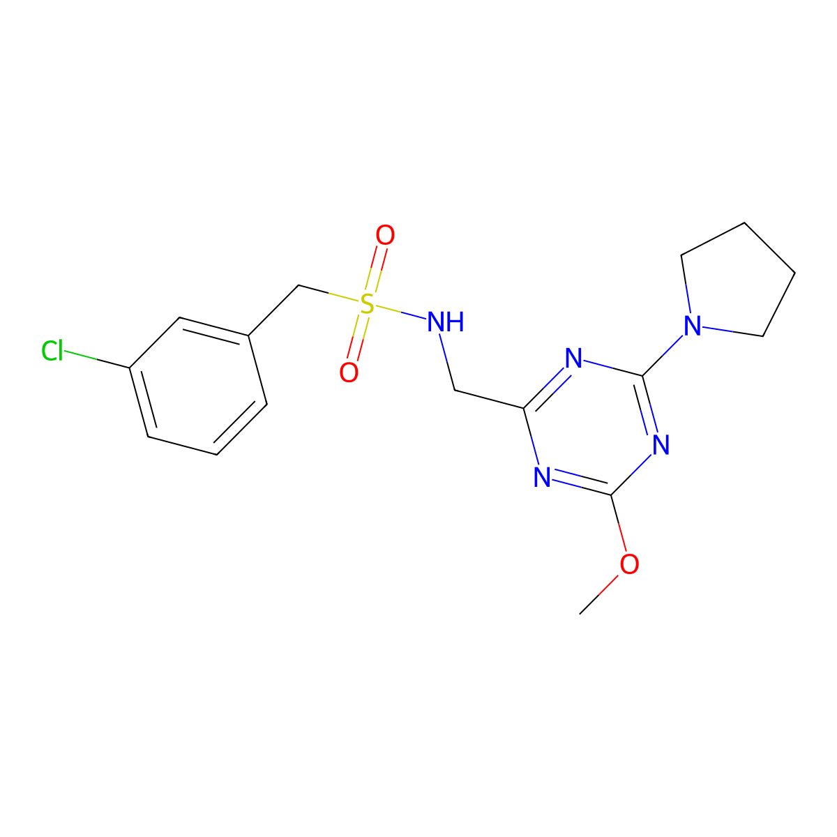 1-(3-chlorophenyl)-N-{[4-methoxy-6-(pyrrolidin-1-yl)-1,3,5-triazin-2-yl]methyl}methanesulfonamide molecular structure, CAS 2034577-79-0