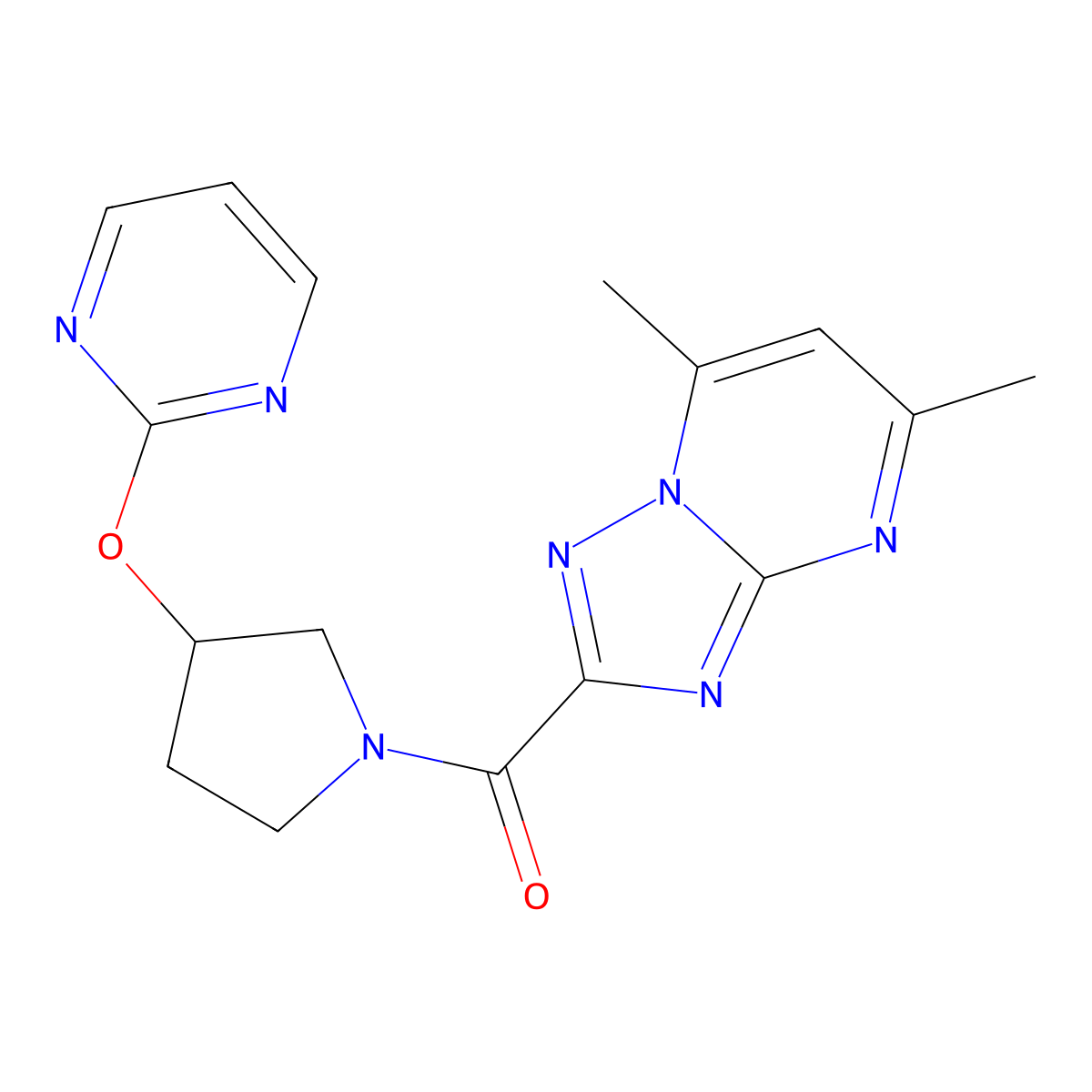 (5,7-Dimethyl-[1,2,4]triazolo[1,5-a]pyrimidin-2-yl)(3-(pyrimidin-2-yloxy)pyrrolidin-1-yl)methanone molecular structure, CAS 2034577-80-3