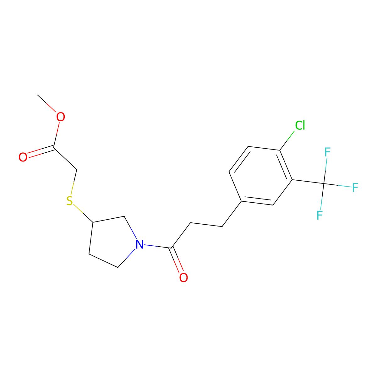 Methyl 2-((1-(3-(4-chloro-3-(trifluoromethyl)phenyl)propanoyl)pyrrolidin-3-yl)thio)acetate molecular structure, CAS 2034577-83-6