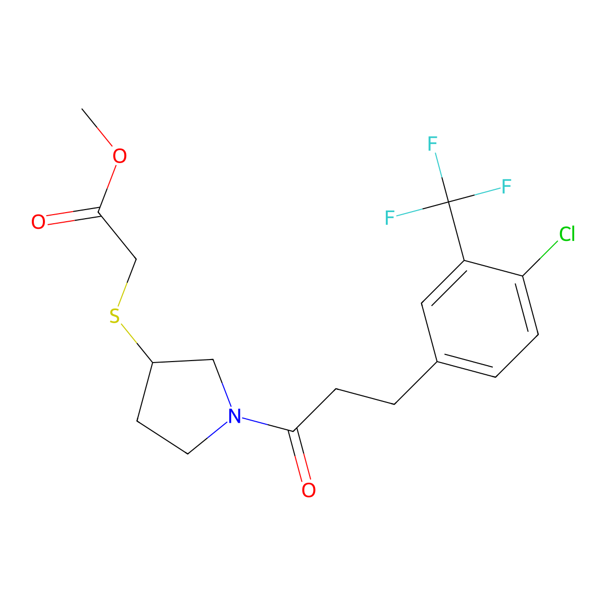 Methyl 2-((1-(3-(4-chloro-3-(trifluoromethyl)phenyl)propanoyl)pyrrolidin-3-yl)thio)acetate molecular structure, CAS 2034577-83-6